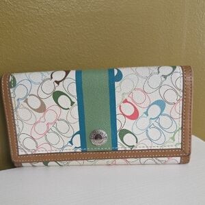 Coach Signature Multicolor Canvas Wallet with Green Stripe